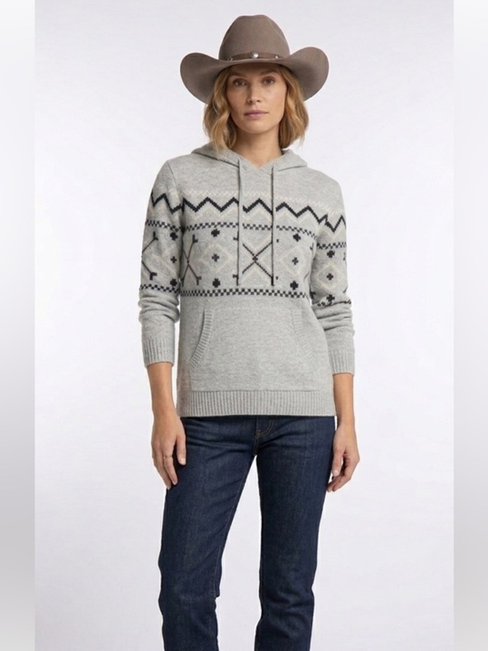Mountain Ridge Gray Knit Hooded Fair Isle Sweater Size Small Oversized
